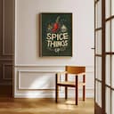 Room view with a full frame of A vintage linocut print, the words "SPICE THINGS UP" with a chilli pepper