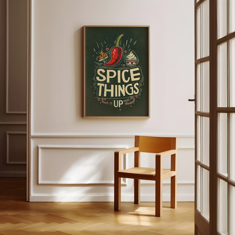 Room view with a full frame of A vintage linocut print, the words "SPICE THINGS UP" with a chilli pepper