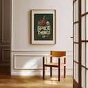 Room view with a matted frame of A vintage linocut print, the words "SPICE THINGS UP" with a chilli pepper