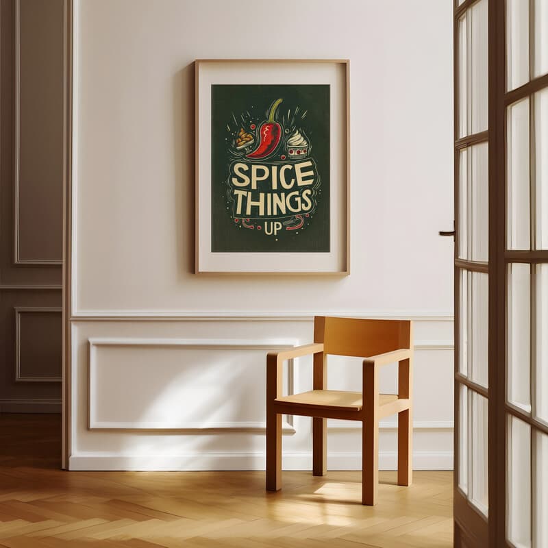 Room view with a matted frame of A vintage linocut print, the words "SPICE THINGS UP" with a chilli pepper