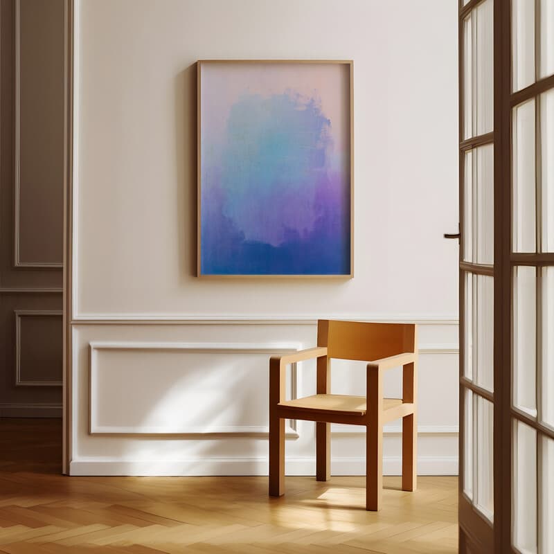 Room view with a full frame of An abstract impressionist oil painting, a blue and purple gradient background