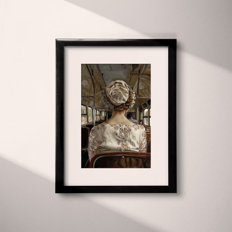 Matted frame view of A vintage oil painting, a woman on a bus, back view