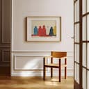 Room view with a matted frame of A minimalist cartoon drawing, a row of simple ghosts