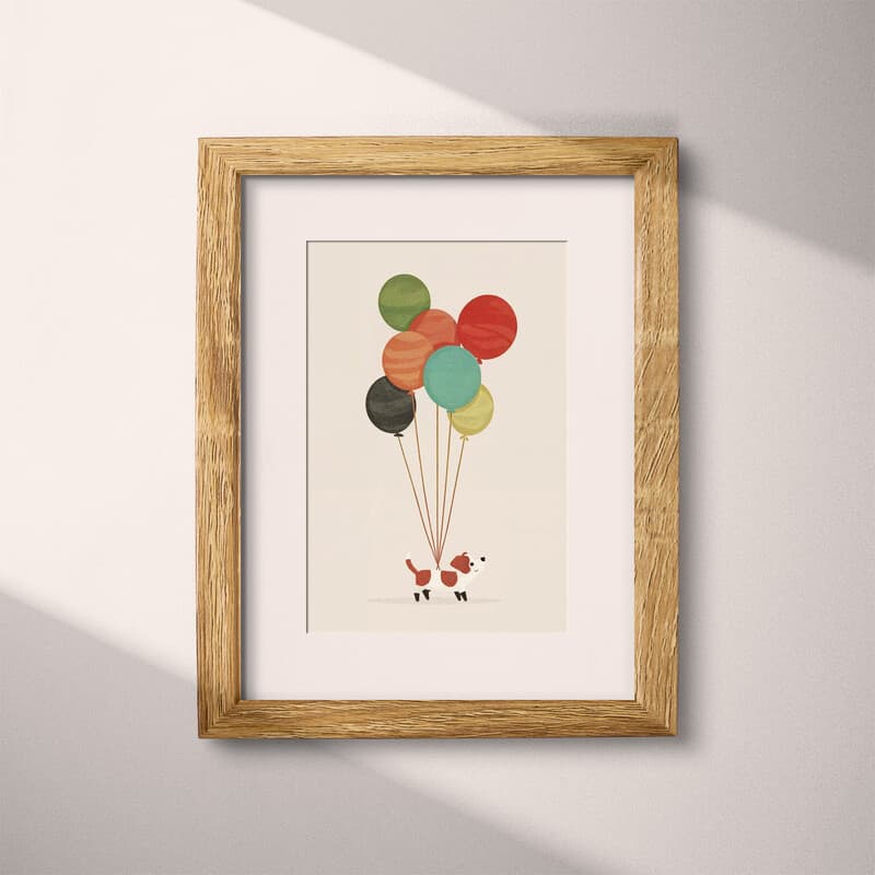 Matted frame view of A cute simple illustration with simple shapes, a dog and balloons