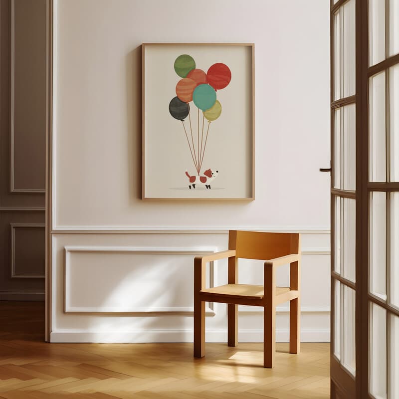 Room view with a full frame of A cute simple illustration with simple shapes, a dog and balloons