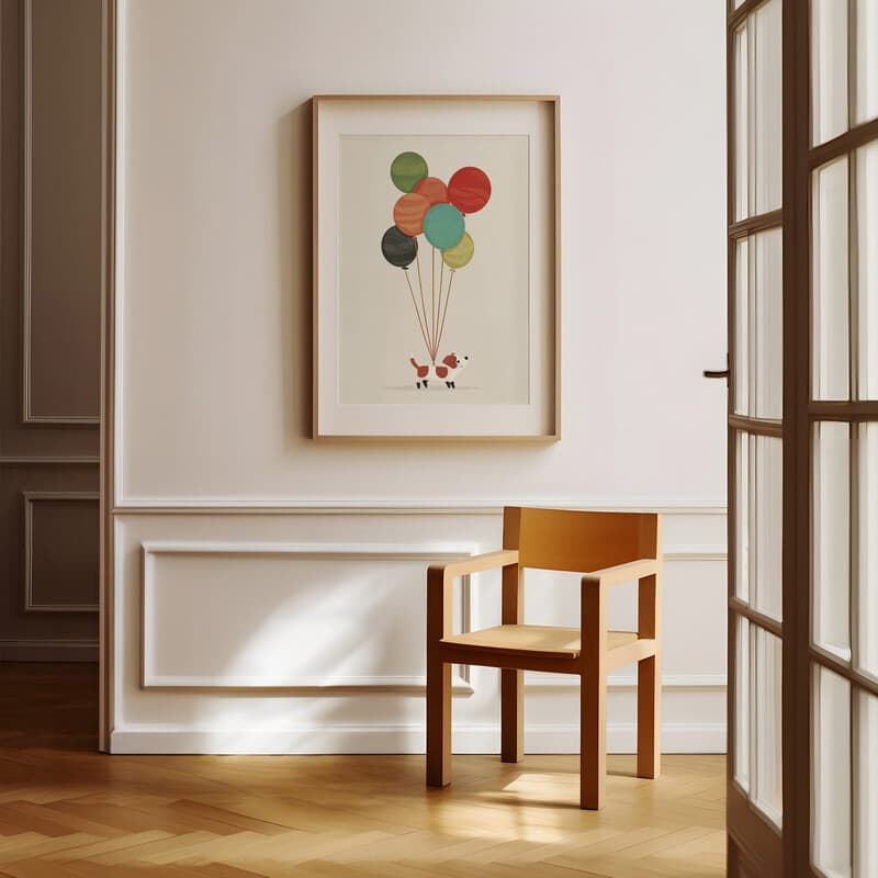 Room view with a matted frame of A cute simple illustration with simple shapes, a dog and balloons