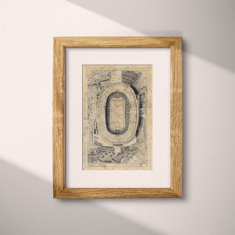 Matted frame view of A vintage graphite sketch, aerial view of a stadium