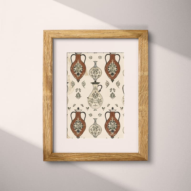 Matted frame view of A japandi textile print, symmetric pattern of water jugs