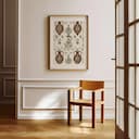 Room view with a matted frame of A japandi textile print, symmetric pattern of water jugs