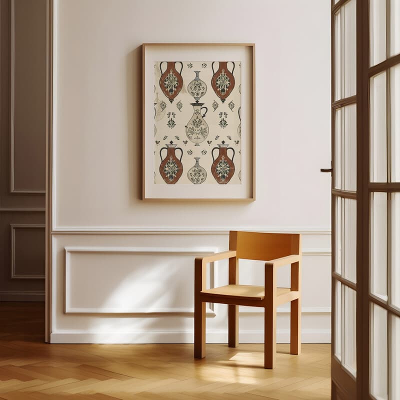 Room view with a matted frame of A japandi textile print, symmetric pattern of water jugs