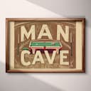 Full frame view of A vintage linocut print, the words "MAN CAVE" with a pool table