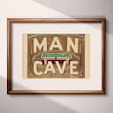 Matted frame view of A vintage linocut print, the words "MAN CAVE" with a pool table