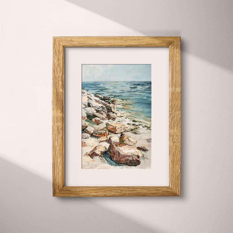 Matted frame view of An impressionist oil painting, rocks along the shore