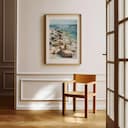 Room view with a matted frame of An impressionist oil painting, rocks along the shore