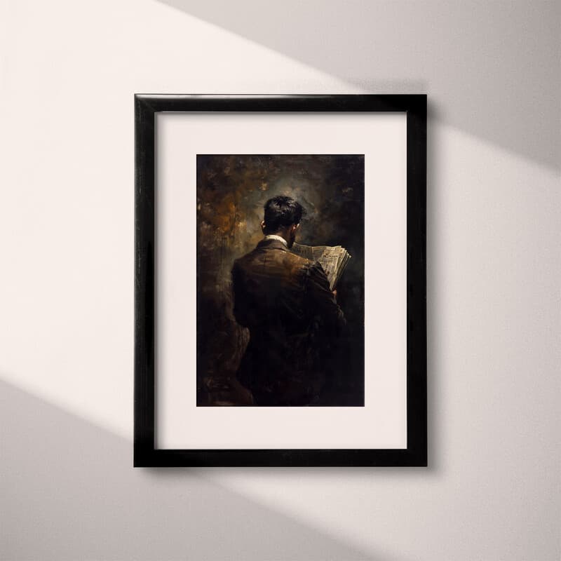 Matted frame view of A vintage oil painting, a man reading a newspaper, back view