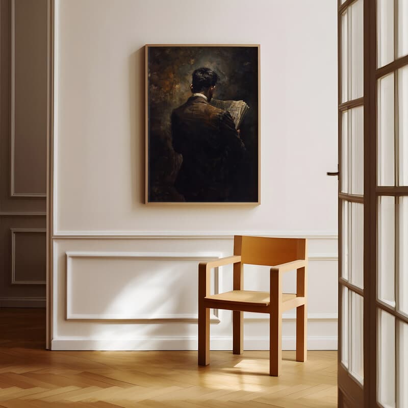 Room view with a full frame of A vintage oil painting, a man reading a newspaper, back view