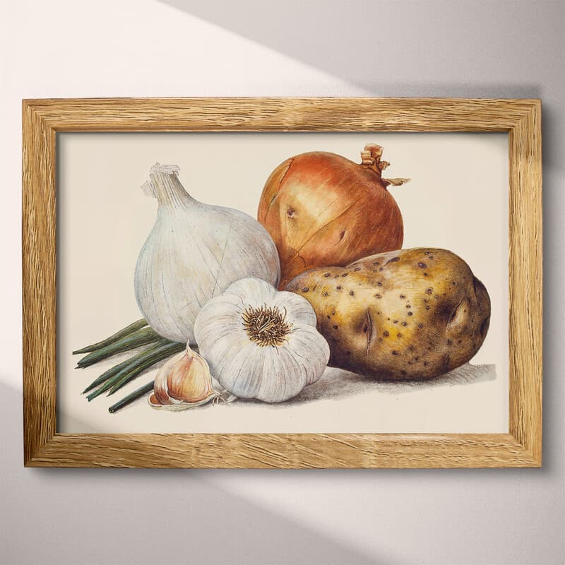 Full frame view of A vintage pastel pencil illustration, garlic, onion and potato