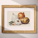 Matted frame view of A vintage pastel pencil illustration, garlic, onion and potato