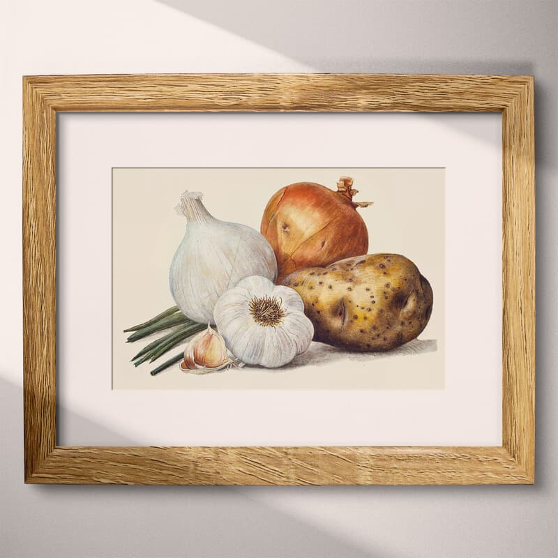 Matted frame view of A vintage pastel pencil illustration, garlic, onion and potato