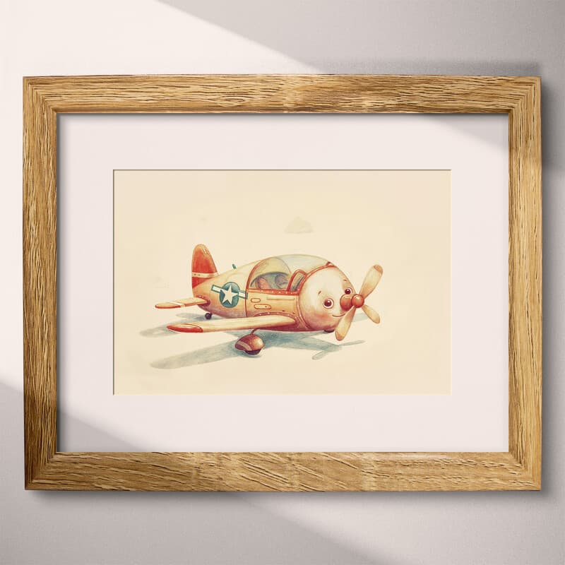 Matted frame view of A cute chibi anime pastel pencil illustration, a toy airplane