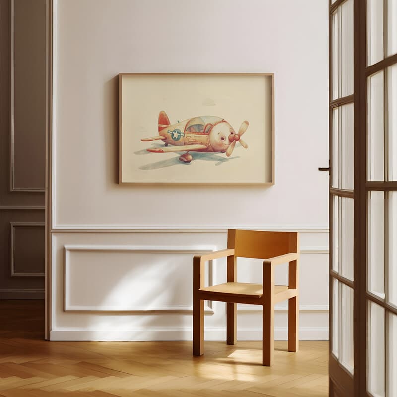 Room view with a full frame of A cute chibi anime pastel pencil illustration, a toy airplane