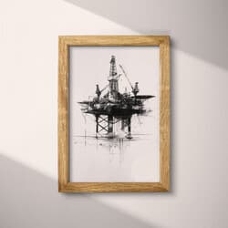Oil Rig Art | Industrial Wall Art | Gray and Black Print | Vintage Decor | Office Wall Decor | Charcoal Sketch