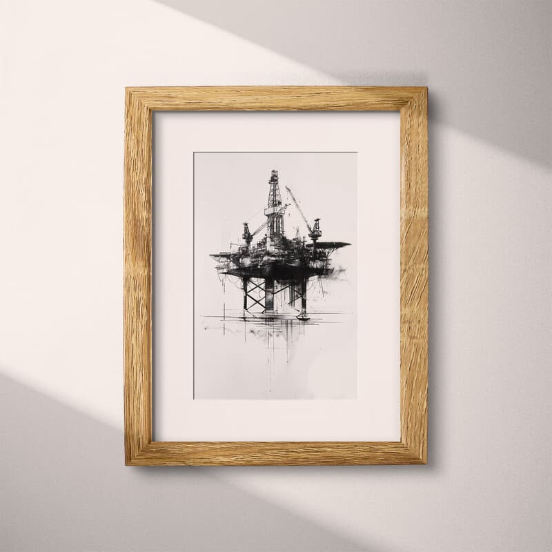 Matted frame view of A vintage charcoal sketch, an oil rig