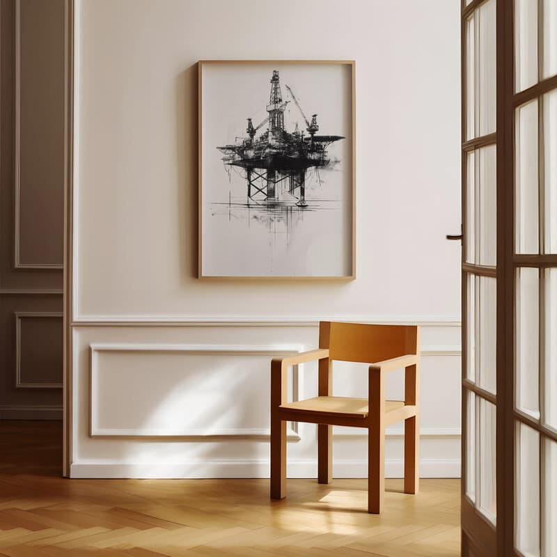 Room view with a full frame of A vintage charcoal sketch, an oil rig