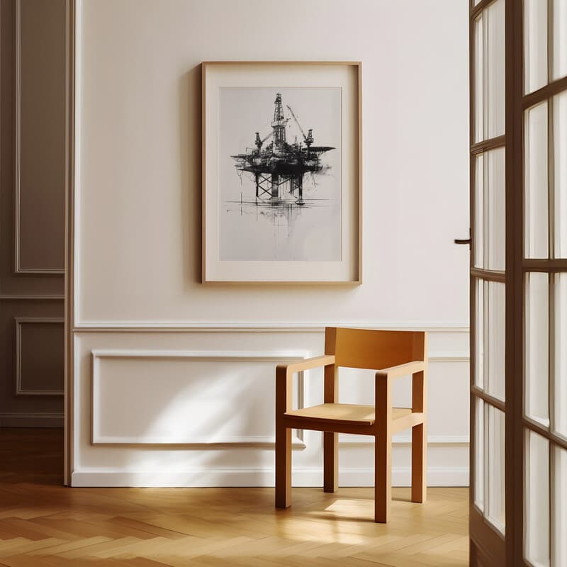 Room view with a matted frame of A vintage charcoal sketch, an oil rig