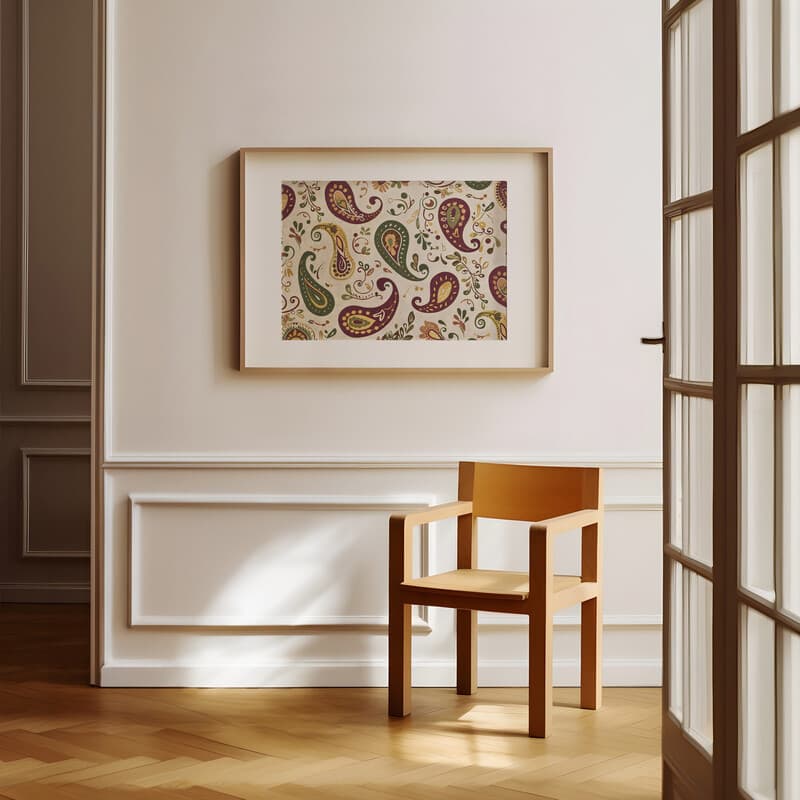 Room view with a matted frame of A bohemian textile print, paisley pattern