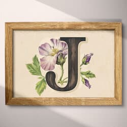 Letter J Art | Typography Wall Art | Flowers Print | White, Black, Brown and Green Decor | Vintage Wall Decor | Entryway Digital Download | Autumn Art | Pastel Pencil Illustration