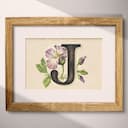 Matted frame view of A vintage pastel pencil illustration, the letter "J" with a flower