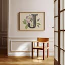 Room view with a full frame of A vintage pastel pencil illustration, the letter "J" with a flower