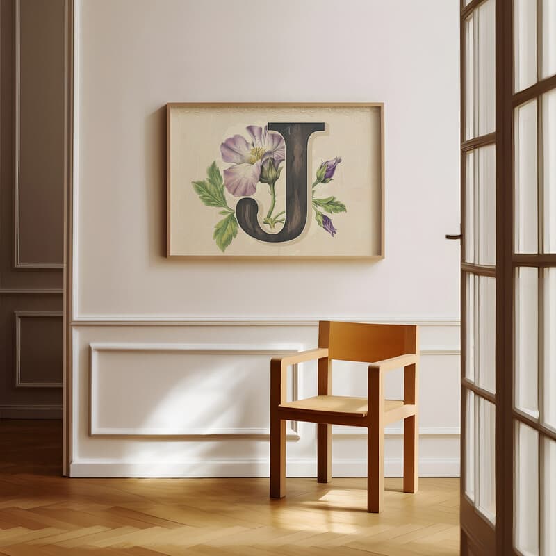 Room view with a full frame of A vintage pastel pencil illustration, the letter "J" with a flower