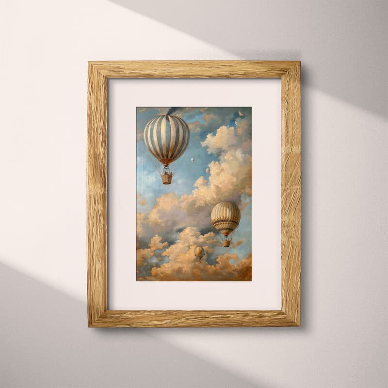 Matted frame view of An impressionist oil painting, hot air balloons, puffy clouds