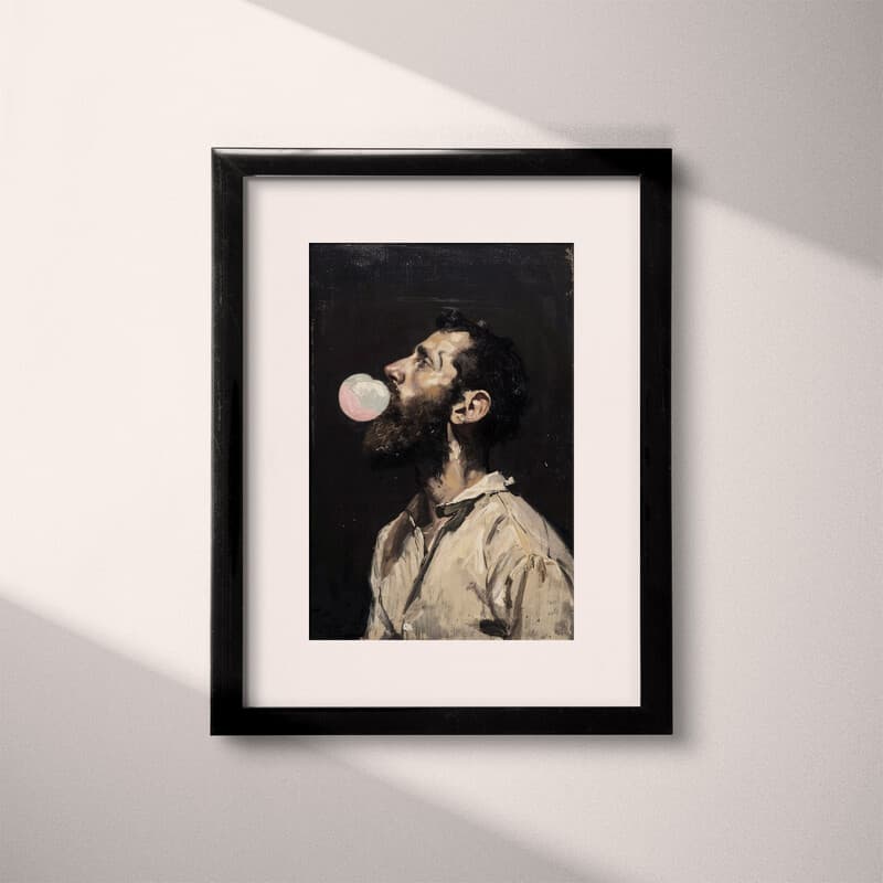 Matted frame view of A vintage oil painting, a man blowing bubble gum