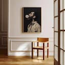 Room view with a full frame of A vintage oil painting, a man blowing bubble gum