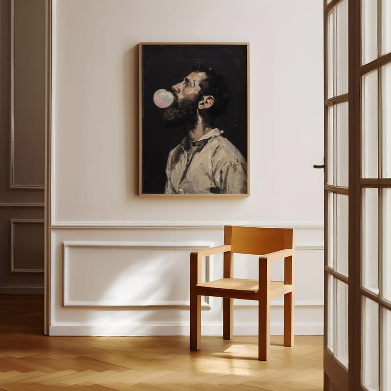 Room view with a full frame of A vintage oil painting, a man blowing bubble gum