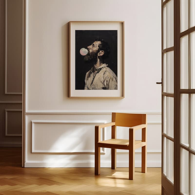 Room view with a matted frame of A vintage oil painting, a man blowing bubble gum