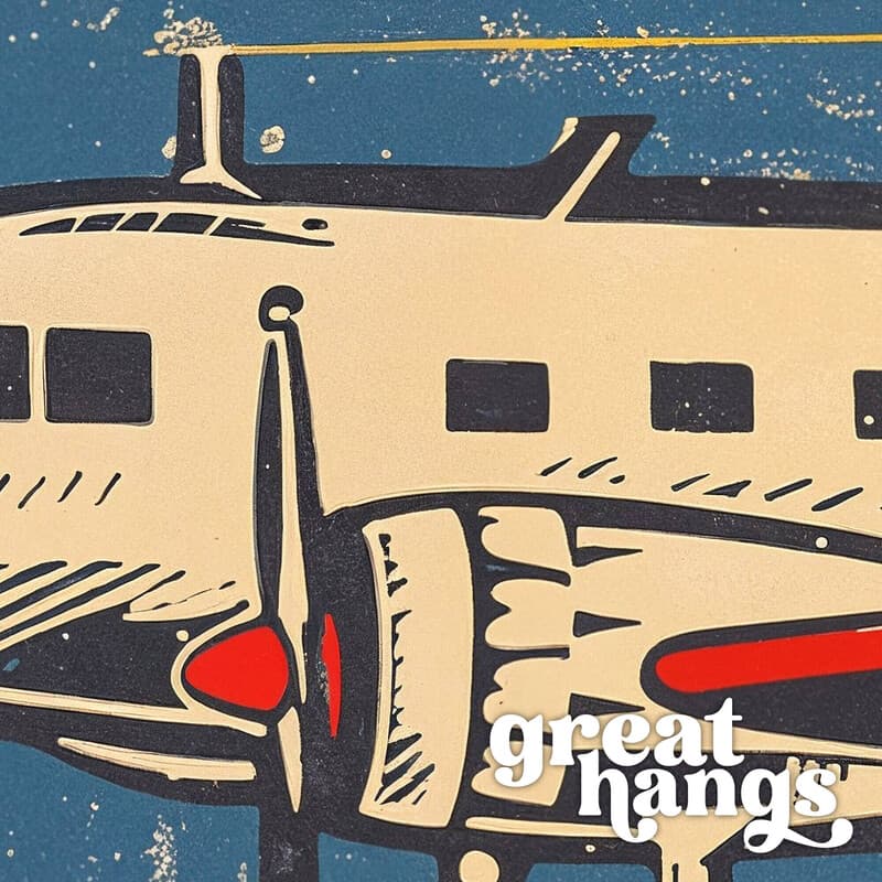 Closeup view of A vintage linocut print, the words "AIM HIGH" and an airplane