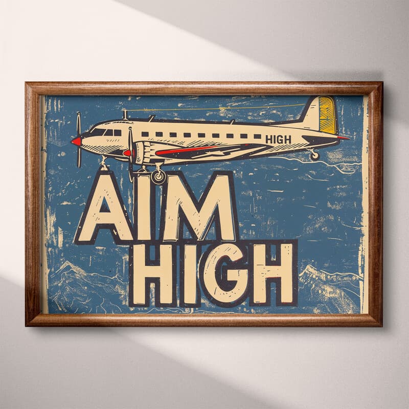 Full frame view of A vintage linocut print, the words "AIM HIGH" and an airplane
