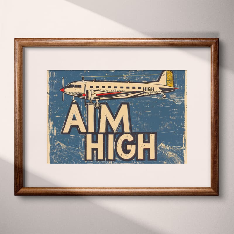 Matted frame view of A vintage linocut print, the words "AIM HIGH" and an airplane