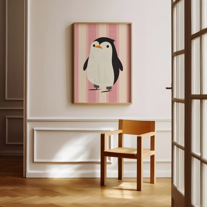 Room view with a full frame of A cute simple illustration with simple shapes, an ice skating penguin