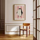 Room view with a matted frame of A cute simple illustration with simple shapes, an ice skating penguin