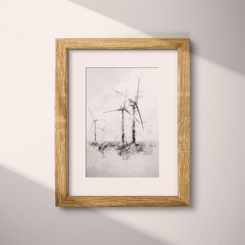 Matted frame view of A vintage graphite sketch, wind turbines