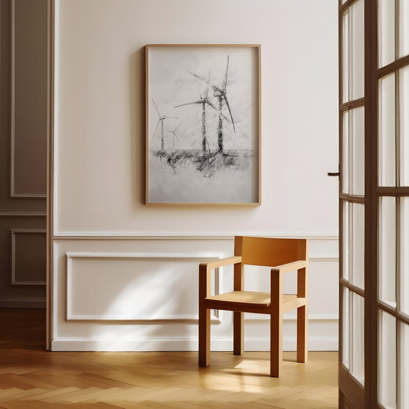 Room view with a full frame of A vintage graphite sketch, wind turbines