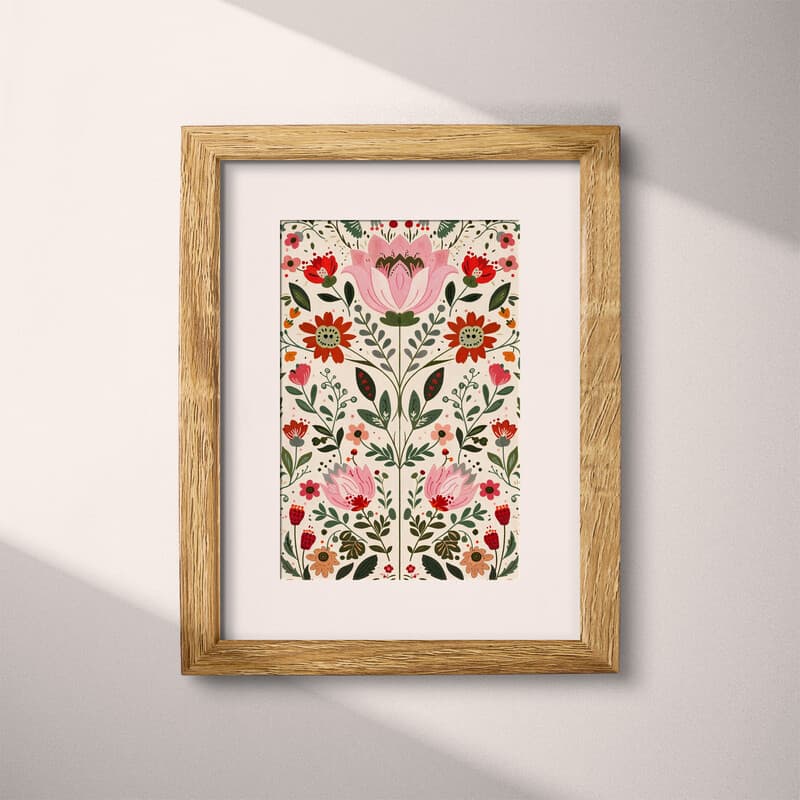 Matted frame view of A contemporary textile print, symmetric floral pattern