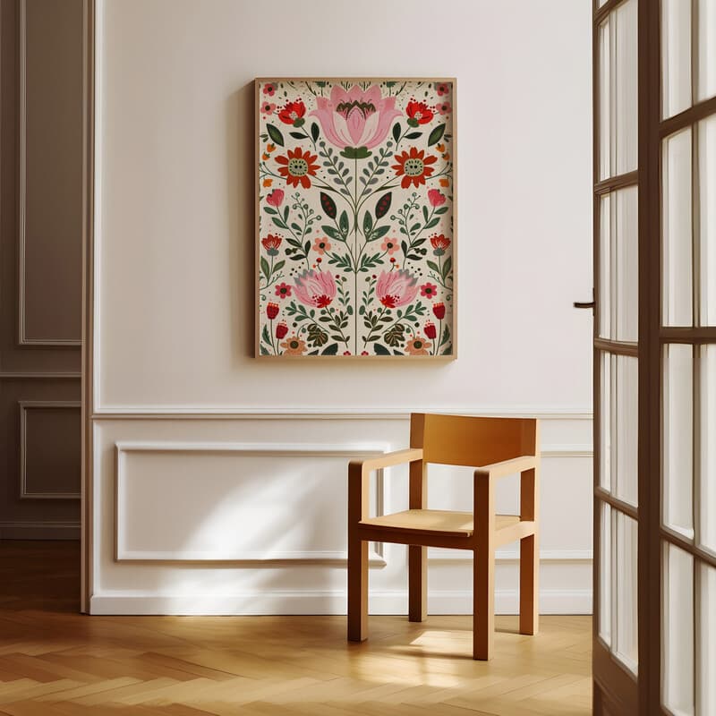 Room view with a full frame of A contemporary textile print, symmetric floral pattern