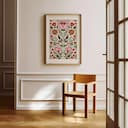 Room view with a matted frame of A contemporary textile print, symmetric floral pattern