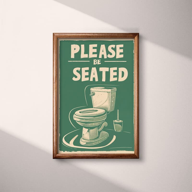 Full frame view of A vintage linocut print, the words "PLEASE BE SEATED" with a toilet